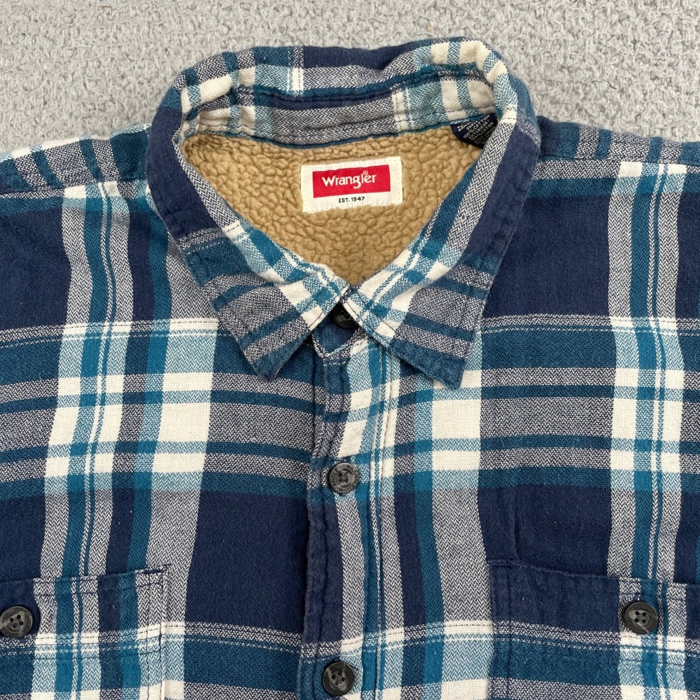 Wrangler Flannel Shirt Mens XL Blue Plaid Sherpa Lined Workwear Button Up Jacket